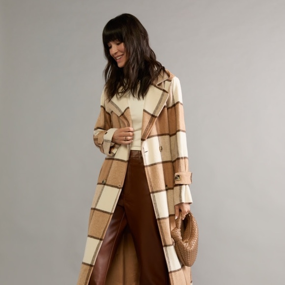 Francesca’s Medium Taupe Maricela Long Plaid Coat - Picture 1 of 5